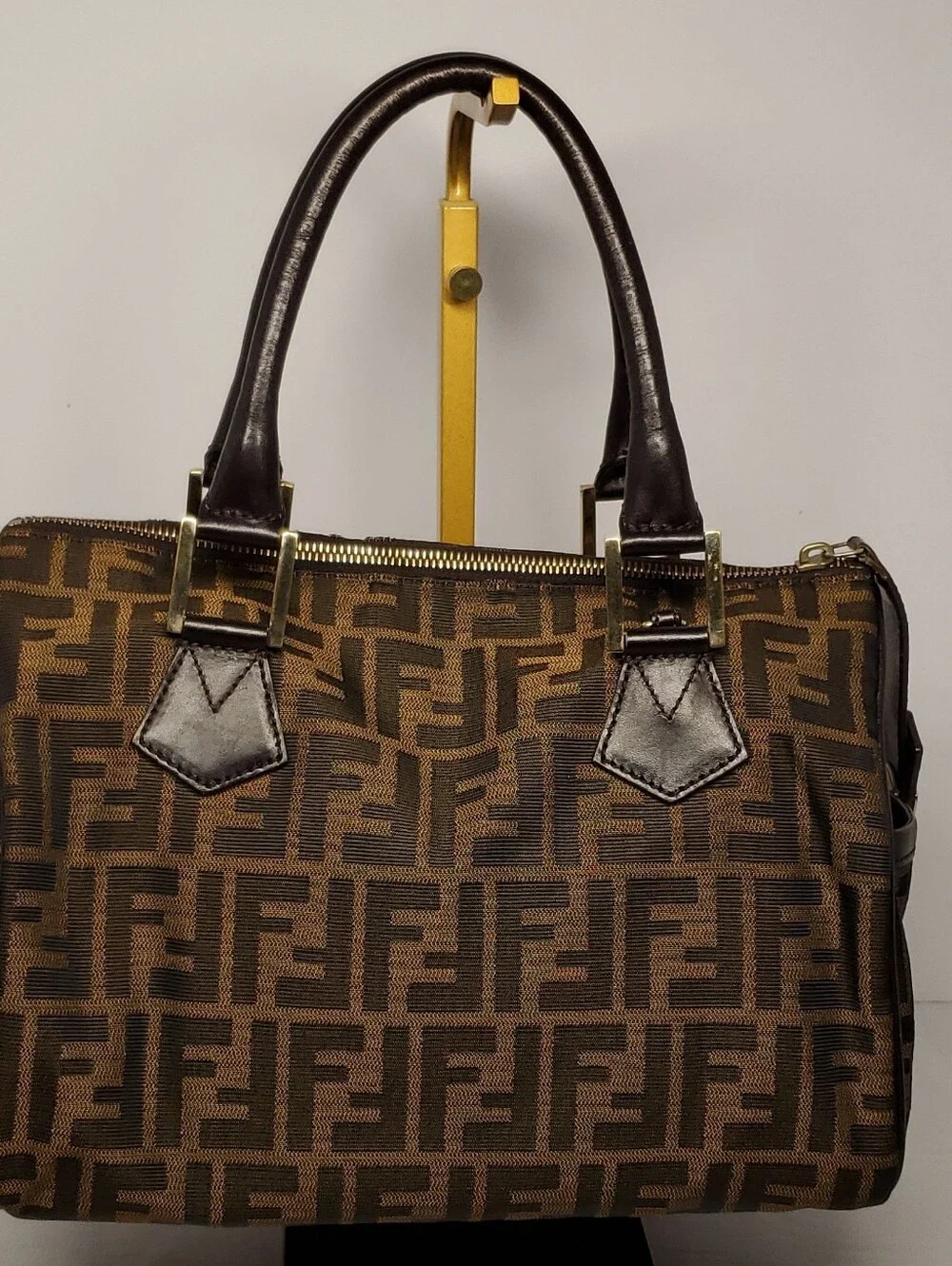 Fendi Brown Zucca Canvas Boston Bag with Leather Trim